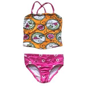 Girls 6X Corky's Kids Bright Mod Flower Pink Orange Tankini Lined Swimsuit